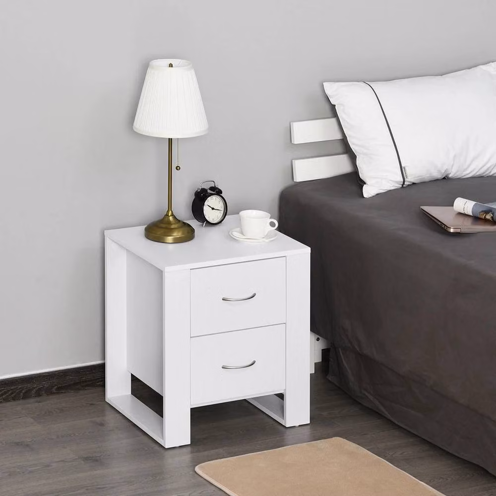 VOGREX Set of 2 White Modern Bedside Tables with Drawers and Silver Accents, W/D/H: 39 x 48 x 54 cm – 2