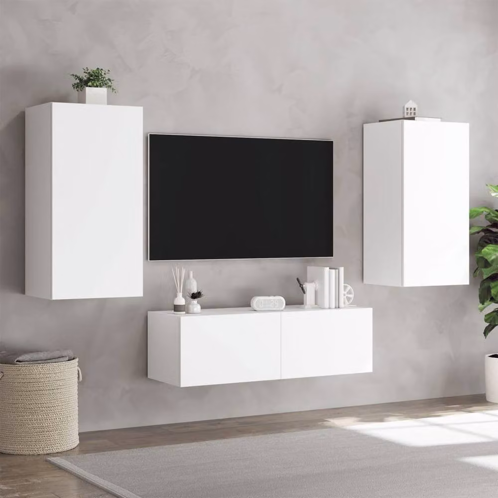 Berkfield Home 3 Piece Modern White Wall Mounted TV Cabinets with Integrated LED Lighting – 3