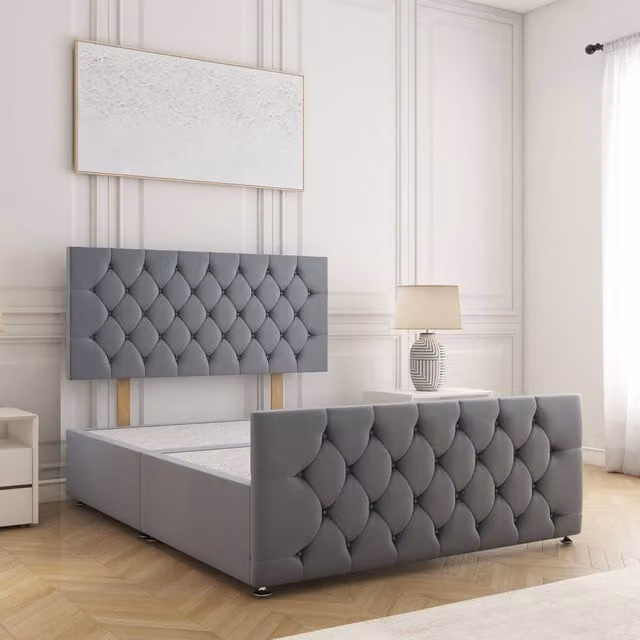 BSSPOKE Maya Plush Velvet Divan Bed with 24 inch Headboard in Charcoal Grey, Super King, W/D/H: 200 x 200 cm