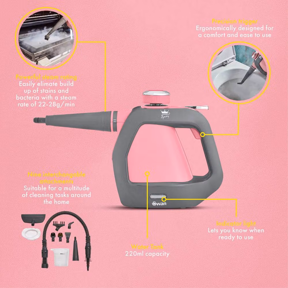 Swan Lynsey Queen of Clean Handheld Steam Cleaner with 9 Piece Accessory Kit, Pink and Grey, SC17350QOCN – 3