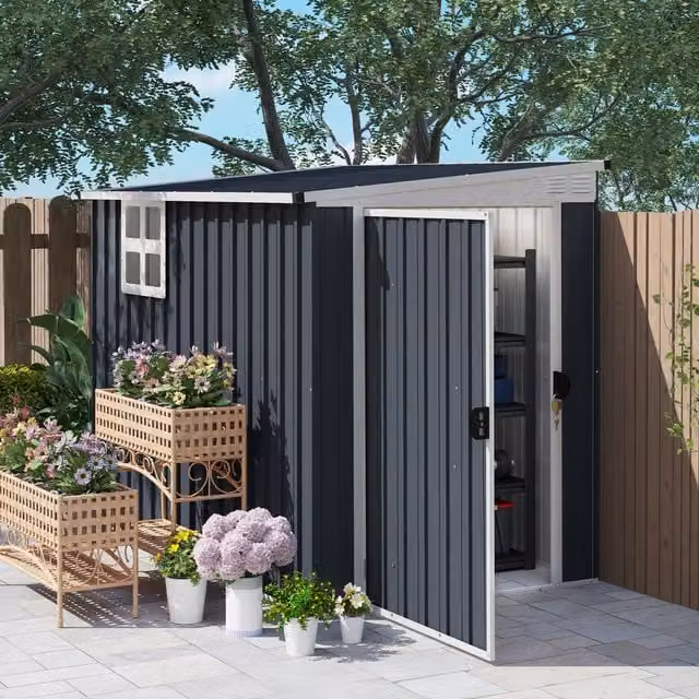 Outsunny Metal Pent Garden Storage Shed with Window and Lock in Anthracite Grey