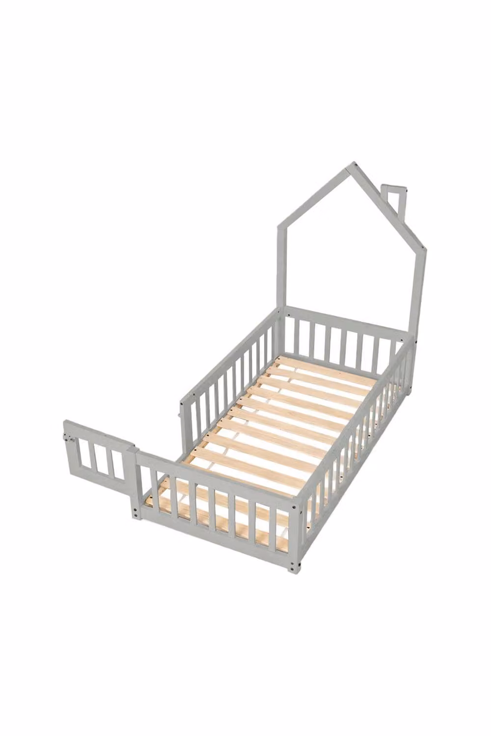 Living and Home House-Shaped Solid Wood Floor Bed Frame with Guardrails in Grey – 2