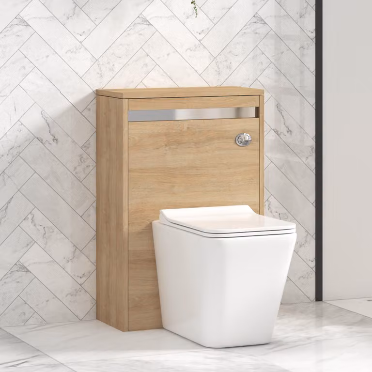 Royal Bathrooms Orion Natural Oak Wall Mounted WC Unit with Elena Rimless Ceramic Toilet Pan, Slim Soft Close Seat and Cistern, Width: 54 cm