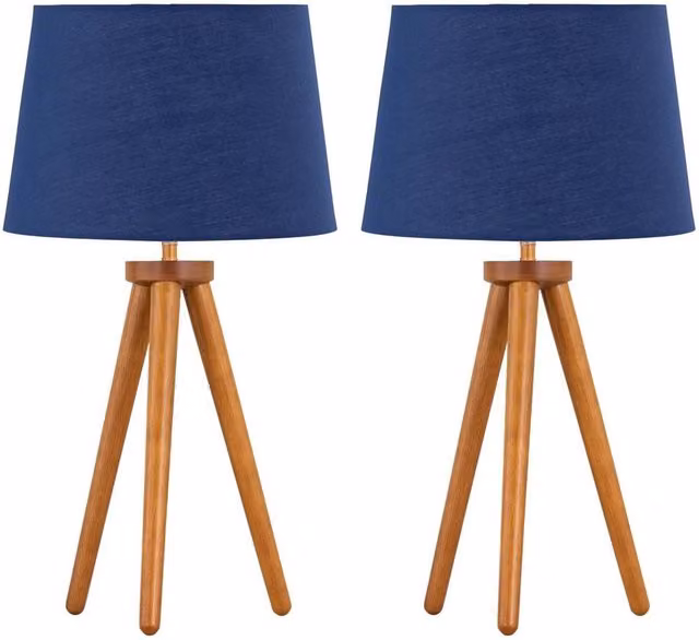 First Choice Lighting Set of 2 Dark Oak Table Lamps with Navy Blue Fabric Shades in Brown – 1