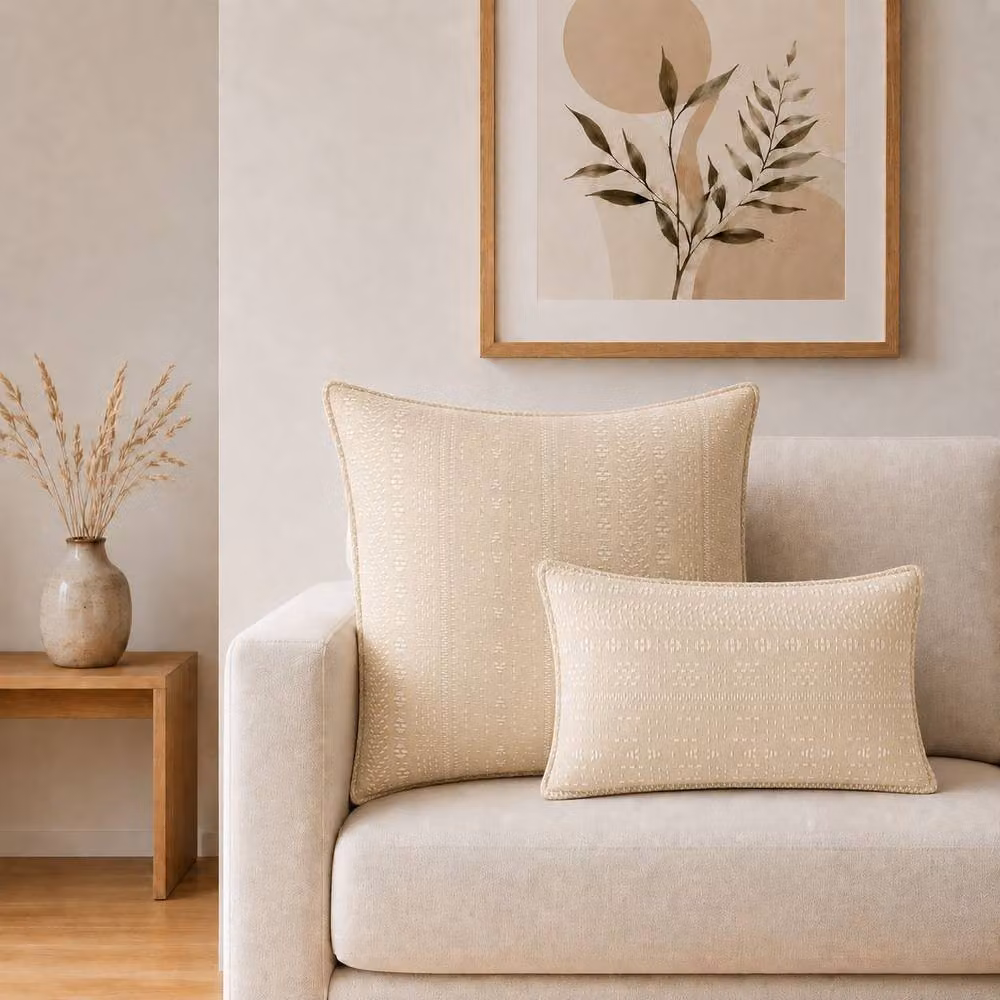 Serenityy Woven Textured Cotton Lumbar Cushion Cover in Beige, W: 50 cm, H: 30 cm – 2