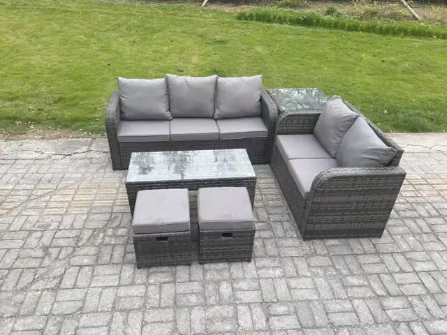 Fimous Dark Grey Rattan Garden Furniture Set with Coffee Table, Side Table and 2 Footstools