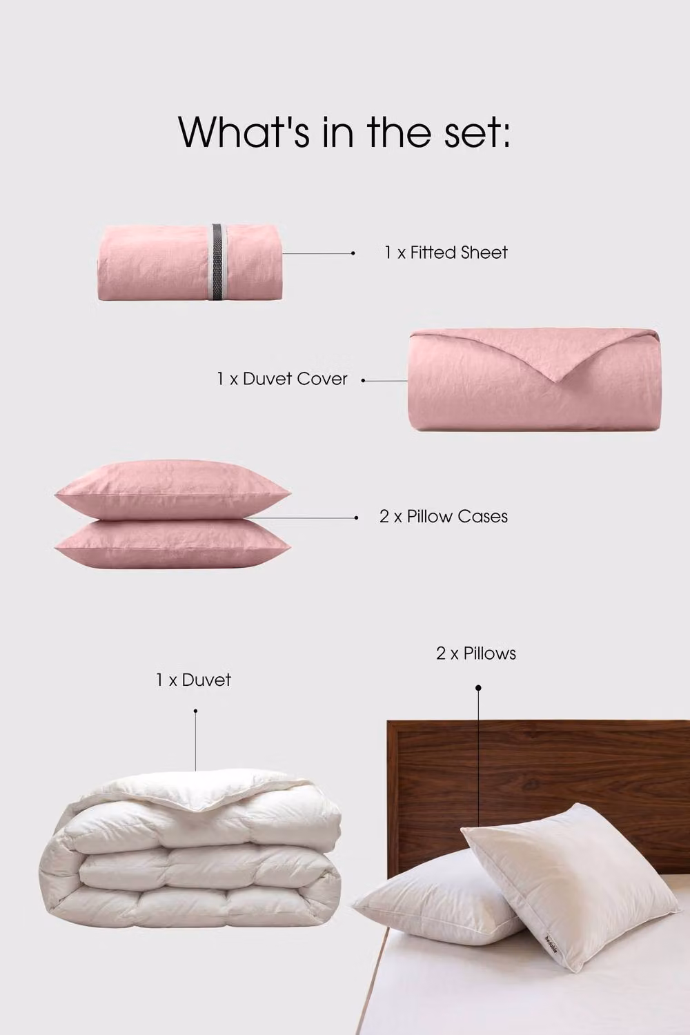 Bedable Pink 100% Cotton Percale Bedding Bundle, Double Size, including Duvet Cover, Fitted Sheet, Duvet and 2 Pillows – 2