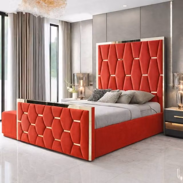 Paradise Beds Ltd Red Velvet Upholstered Modern Platform Bed Frame with Mirror Designed Headboard, W/D/H: 200 x 180 x 61 cm (Super King)