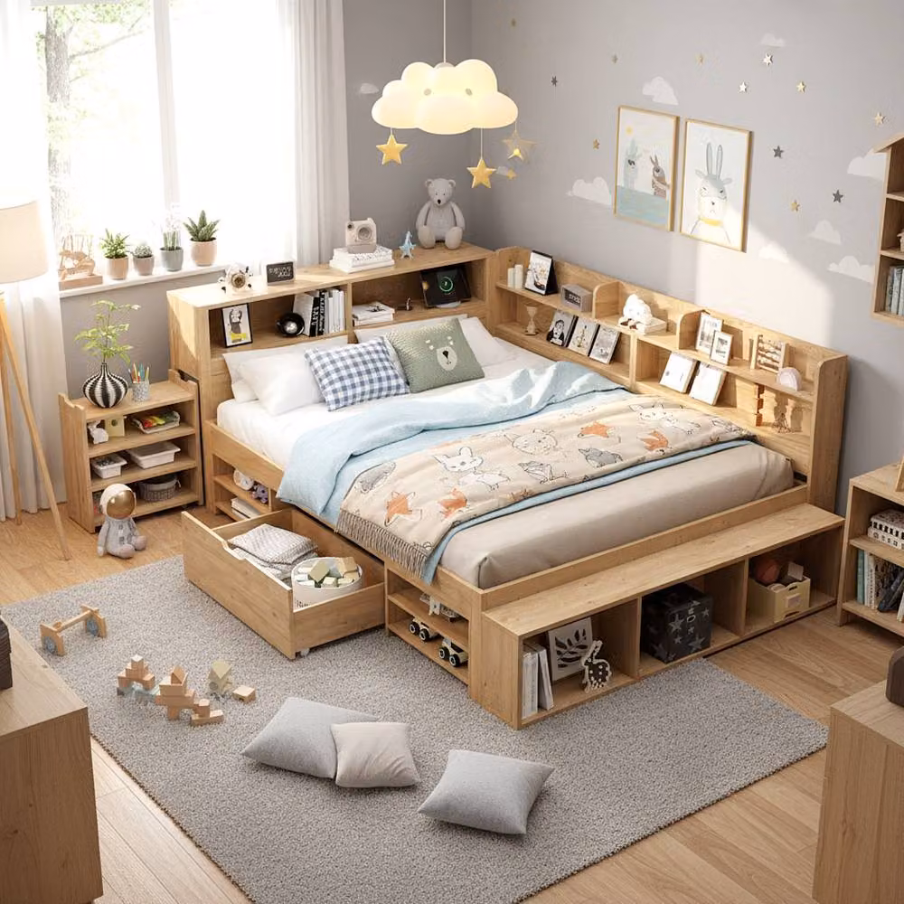 Matteo Children's Double Bed with Drawers and Bedside Shelf in Sand/Beige, W/D/H: 140 x 200 cm – 2
