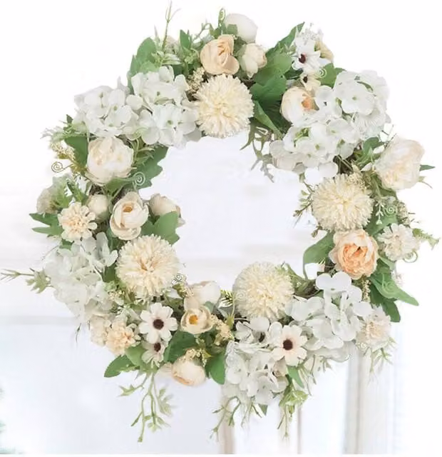 Garden Sanctuary White Round Rattan Artificial Floral Wreath with Mixed Flowers and Leaves