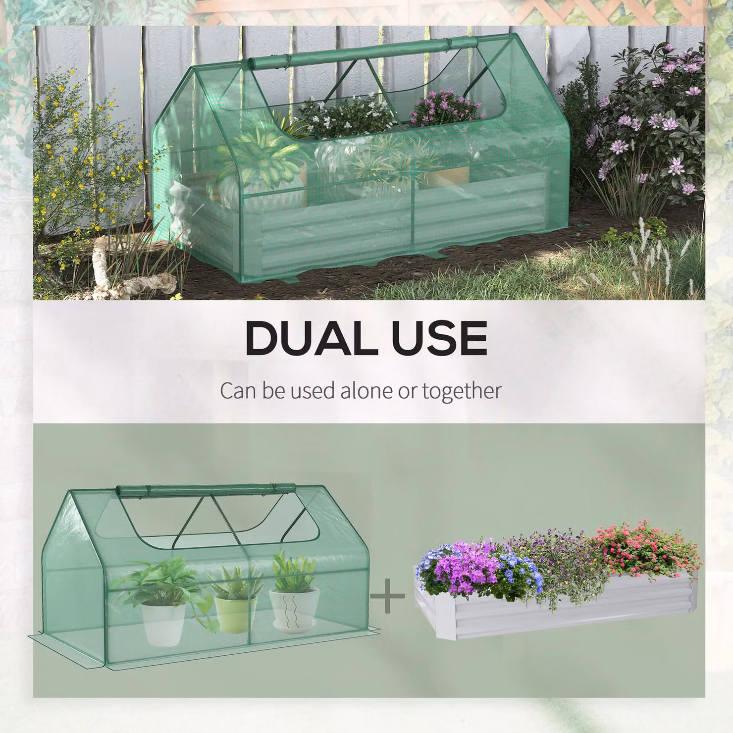 Outsunny Raised Garden Bed Planter Box with Greenhouse and Window, Green, W: 95 cm, D: 175.75 cm, H: 92 cm – 3