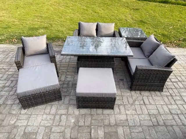 Fimous 7 Seater Grey Rattan Outdoor Patio Furniture Set with Height Adjustable Rising Table, Side Table and 2 Footstools