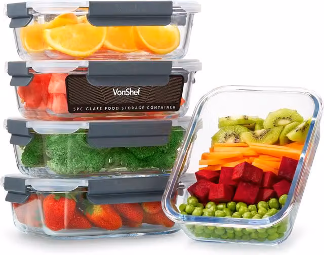 VonShef 5 Piece Airtight Glass Meal Prep Lunch Boxes with Snap Lids, 1.05 l Capacity, Transparent