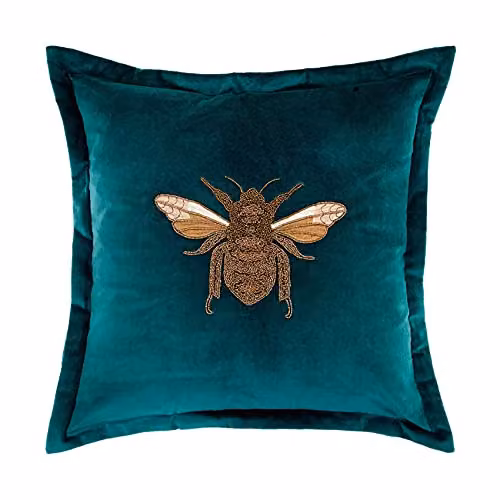 Voyage Maison Layla Feather Filled Velvet Embroidered Bee Cushion in Petrol and Gold, W/D/H: 50 x 50 x 50 cm – 3