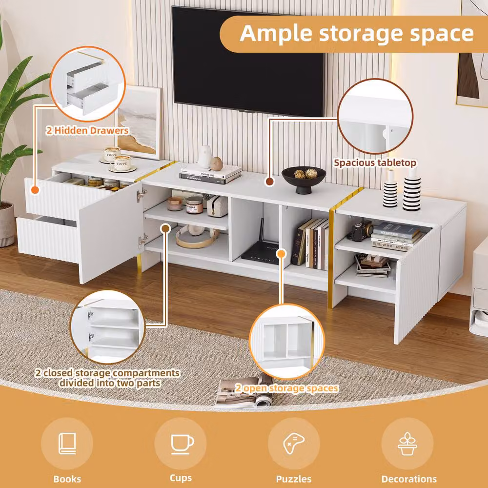 ModernLuxe Modern TV Cabinet with 2 Drawers, Storage Cabinet and Open Shelves in White and Multicolour Matt Finish – 3