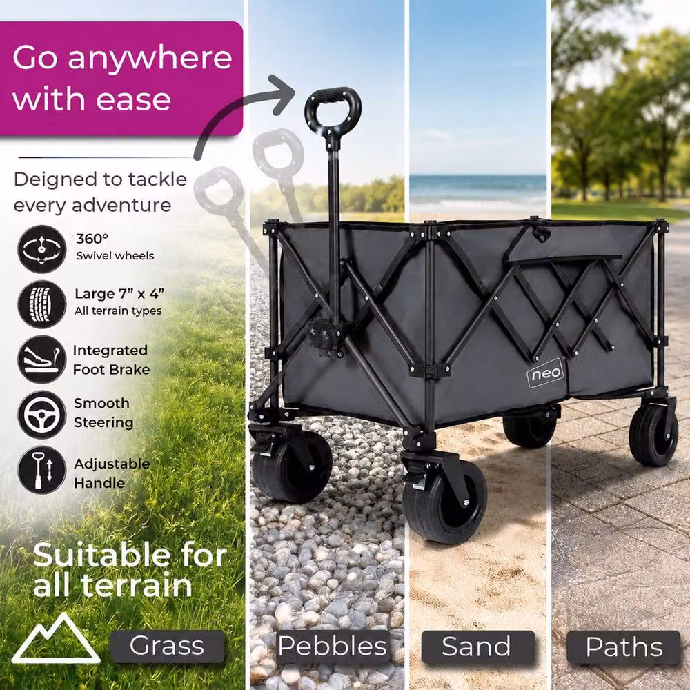 Neo XL Heavy Duty Folding Wagon Cart with Adjustable Handle, 300L, Grey – 4