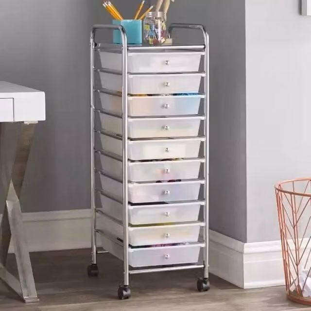 FLAVORA White 10 Drawer Metal Makeup Mobile Trolley with Castors