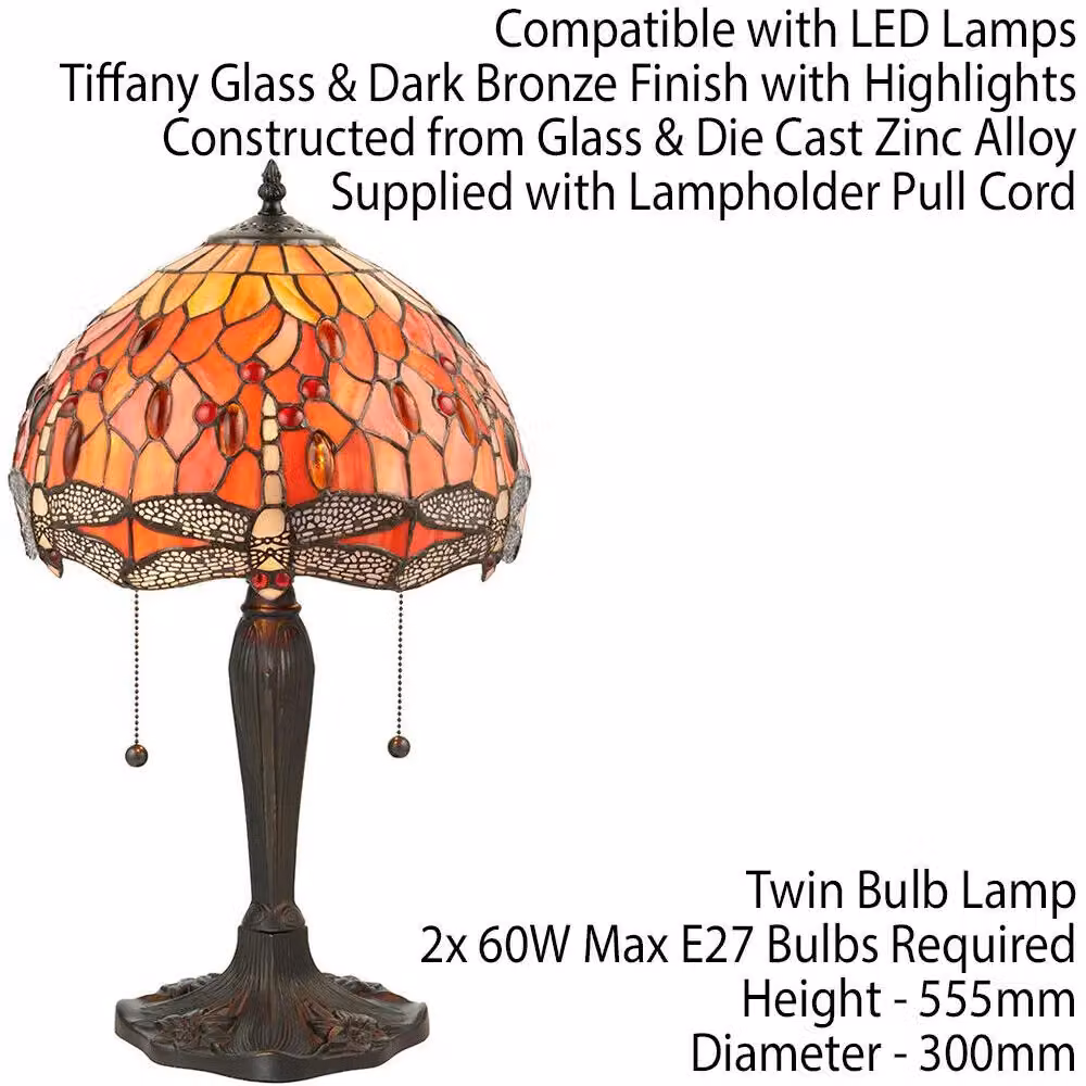 Loops Tiffany Glass Table Lamp with Dark Bronze Base and Orange Dragonfly Shade – 2