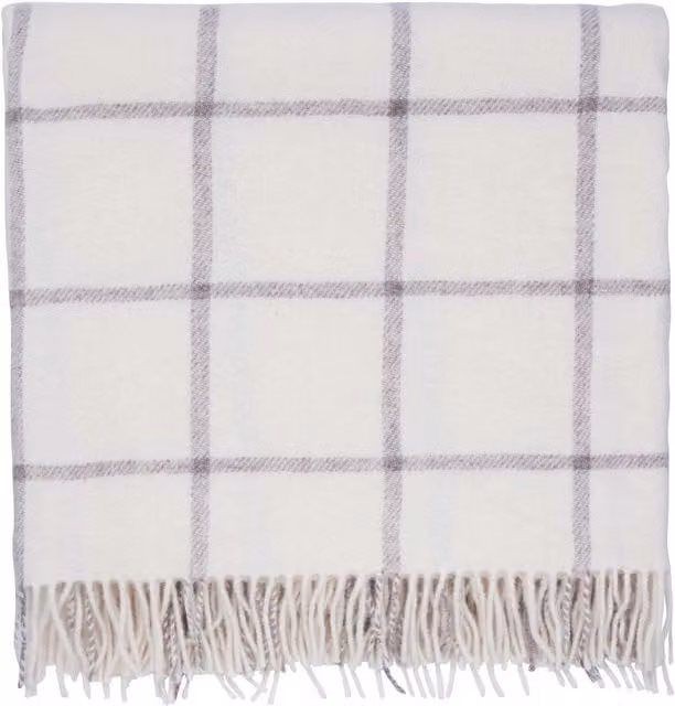 Murmur Beau Checked Wool and Linen Throw with Fringes in Grey and White, W/D/H: 170 x 130 x 1 cm