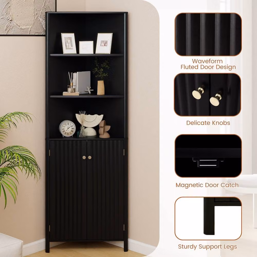 Costway Modern Black Corner Storage Cabinet with 5 Shelves and Hinged Doors – 8