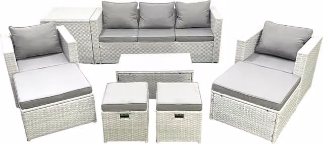 Fimous 9 Piece Rattan Garden Furniture Set in Light Grey with U-Shape Sofa, Armchairs, Coffee Table, Side Table and Footstools