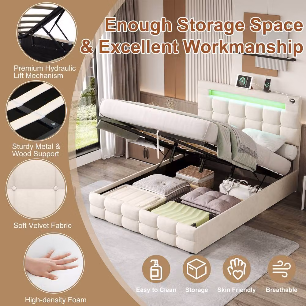 BTM Modern Velvet Double Bed in Beige with Hydraulic Storage, LED Lighting, USB Charging Ports and Bedside Shelf, W/D/H: 140 x 190 x 108 cm – 3