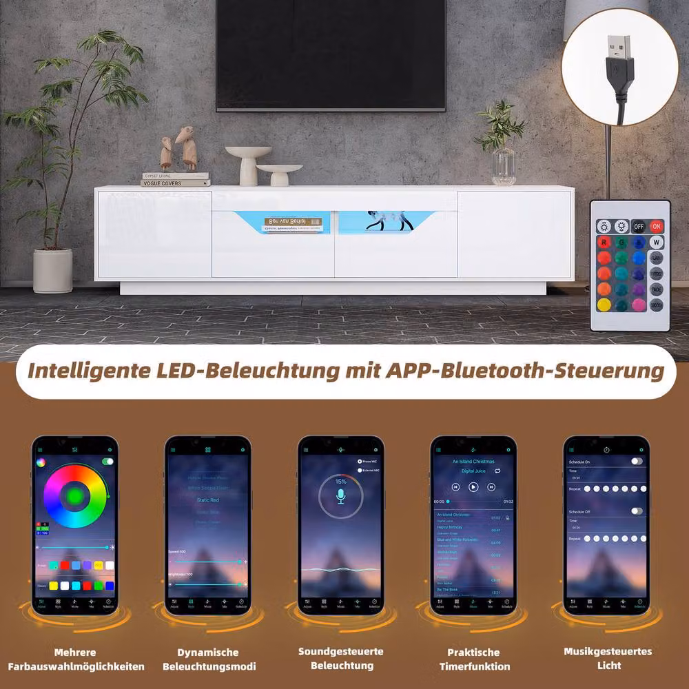 Rolipo White High Gloss LED TV Cabinet for 75 Inch Screens, W: 180 cm – 3