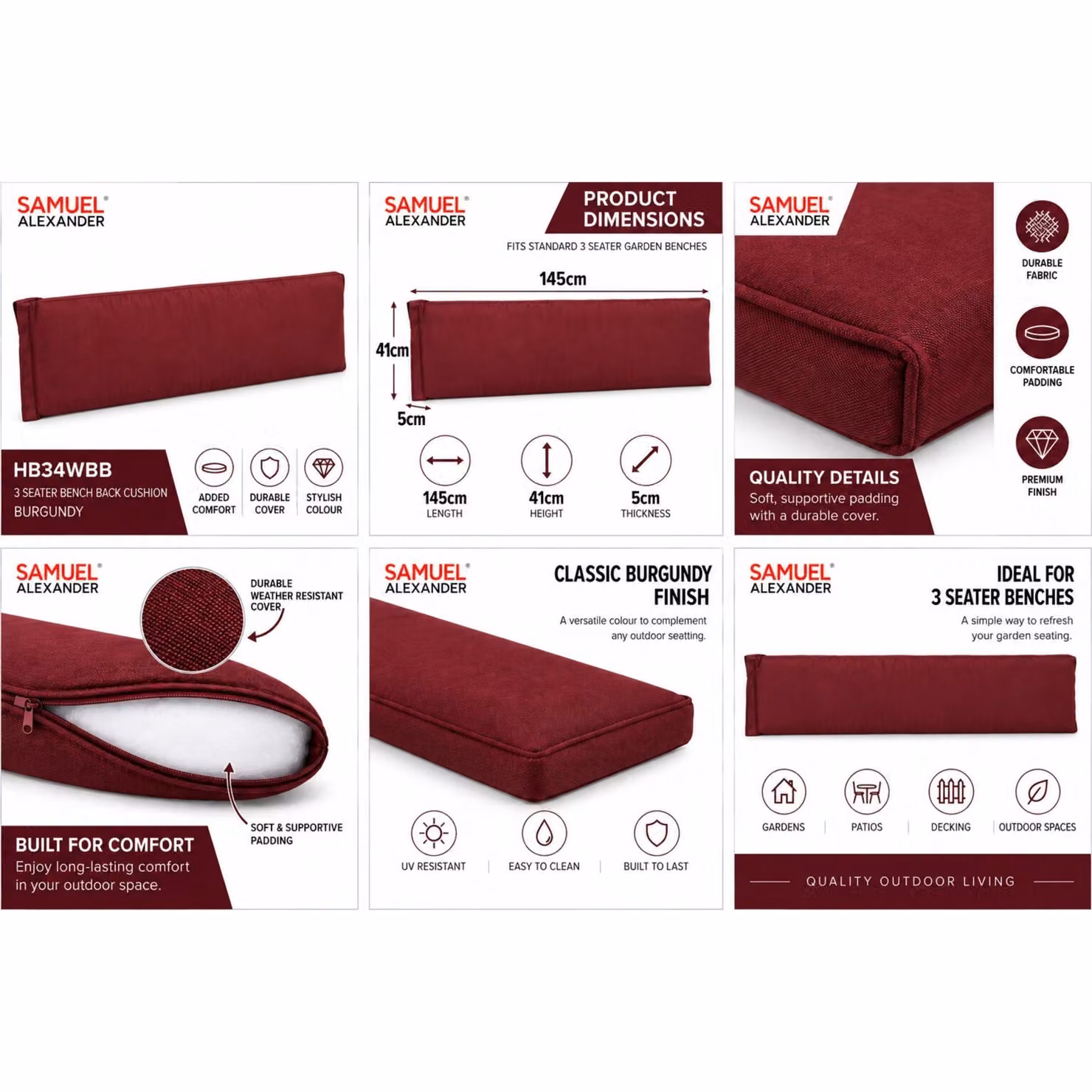 Samuel Alexander Charles Taylor 3 Seater Wooden Bench Back Cushion in Burgundy – 6