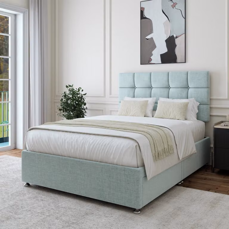 Bedmaster Linen Upholstered Double Divan Base with 2 Drawers and Square Headboard in Brown, W/D/H: 140 x 200 cm