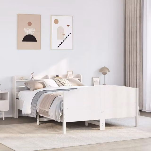 Berkfield Home Rustic White Solid Pine Bed Frame with Side Compartments, W/D/H: 140 x 200 cm