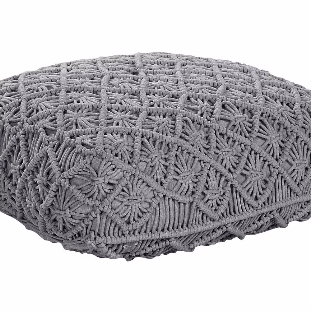 Wyld and Coco Grey Macramé Floor Cushion Pouffe W/D: 50 x 50 cm