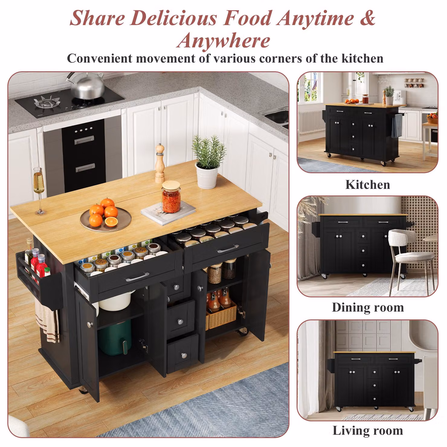 Aosom UK Versatile Kitchen Trolley with Extendable Worktop and 5 Drawers in Black and Natural, W: 65 cm, D: 65 cm, H: 89 cm – 5