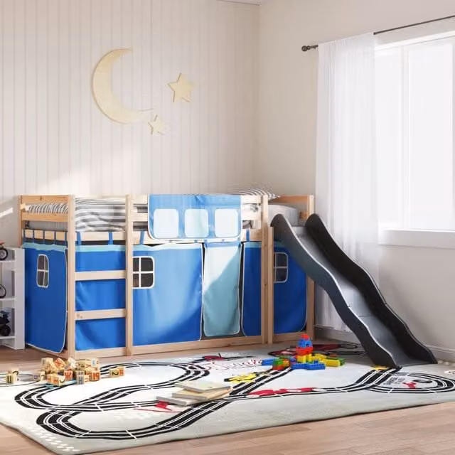 Berkfield Home Blue Solid Wood Childrens Bunk Bed with Slide and Curtains W/D/H: 80 x 200 cm – 1