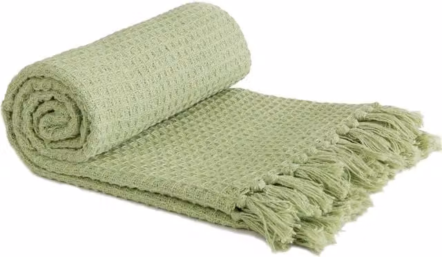 Emma Barclay Honeycomb Waffle Pique Cotton Throwover with Fringes, Green, W/D/H: 228 x 254 x 254 cm