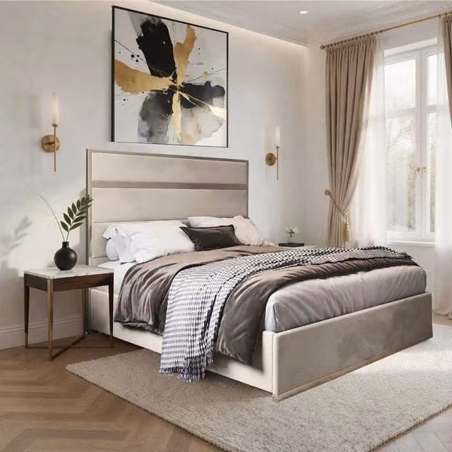 Casani Fleetwood Modern Upholstered Velvet Bed Frame in Cream and Beige, W/D/H: 140 x 200 x 137 cm