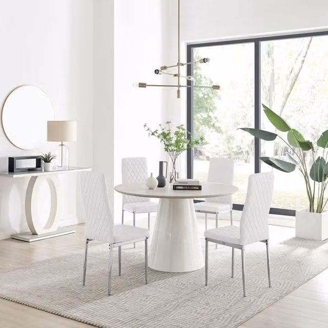 Furniturebox Palma Beige Stone Effect Round Dining Table and 4 Milan Chrome Leg Chairs in White