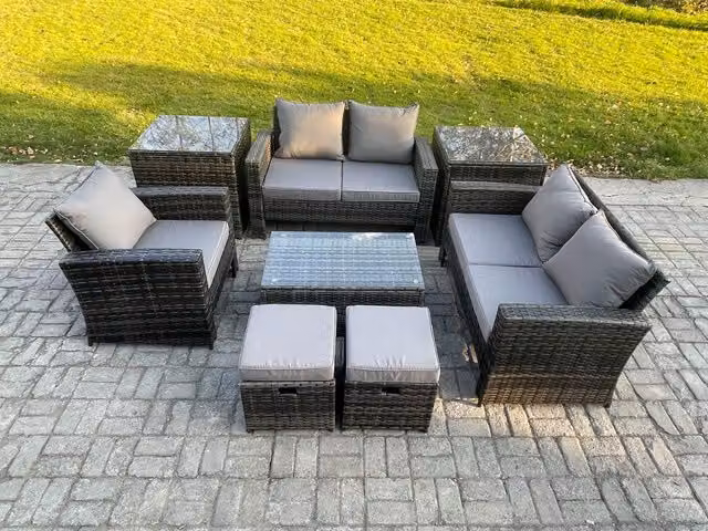 Fimous 7 Seater Rattan Garden Furniture Set in Grey with Rectangular Coffee Table, 2 Small Footstools and 2 Side Tables