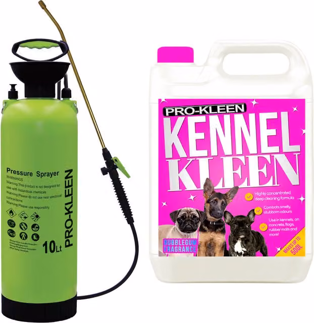 Pro-Kleen 10L Pump Sprayer with 5L Kennel Kleen in Pink and Green