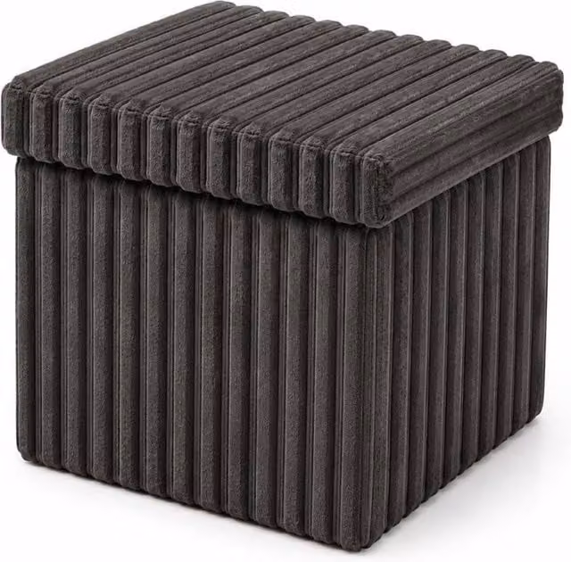 Homes-Linen Corduroy Ribbed Foldable Storage Ottoman in Charcoal Grey, W/D/H: 38 x 38 x 38 cm