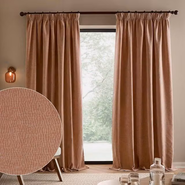 Yard Heath Washed Velvet Fully Lined Pencil Pleat Curtain Pair in Coral, Width: 229 cm, Drop: 137 cm