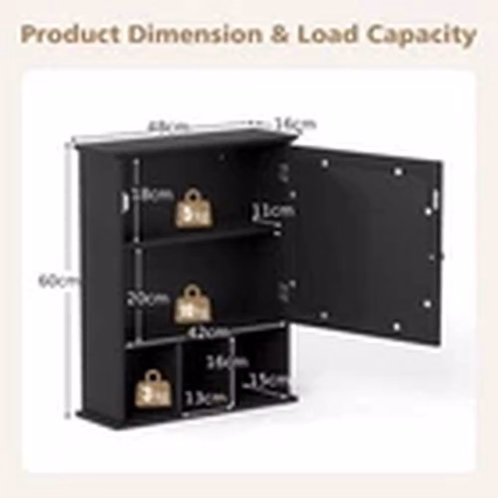EONLION Wall-Mounted Black Bathroom Storage Cabinet with Mirror Doors and Internal Shelves, W/D/H: 60.0 x 10.0 x 48.0 cm – 2