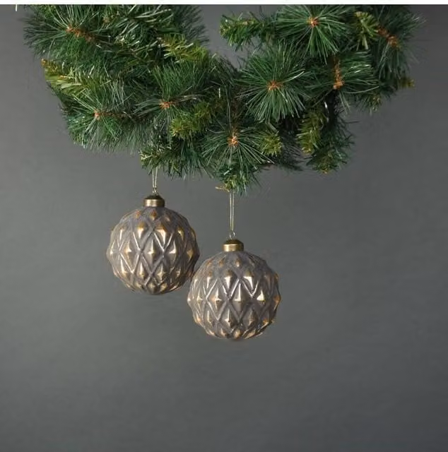 KDMD Luna Set of 4 Antique Grey Glass Christmas Baubles with Gold and Silver Geometric Moon Designs, Diameter: 10 cm – 1