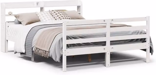 Berkfield Home White Solid Wood Bed Frame with Headboard and Side Compartments W/D/H: 140 x 200 x 82 cm