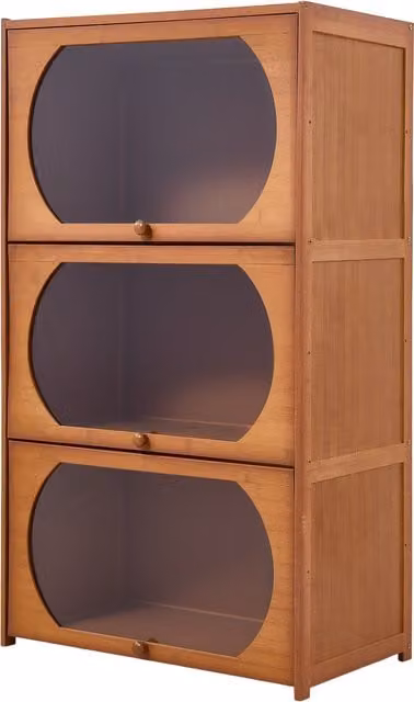 Livingandhome Freestanding Minimalist Brown Bamboo Storage Bookcase with Glass and Hinged Doors, Height: 101.5 cm