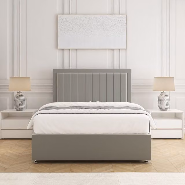 BSSPOKE Zarah Small Double Divan Bed Set with 24 inch Plush Velvet Headboard and Mattress in Silver Grey, W/D/H: 120 x 200 cm