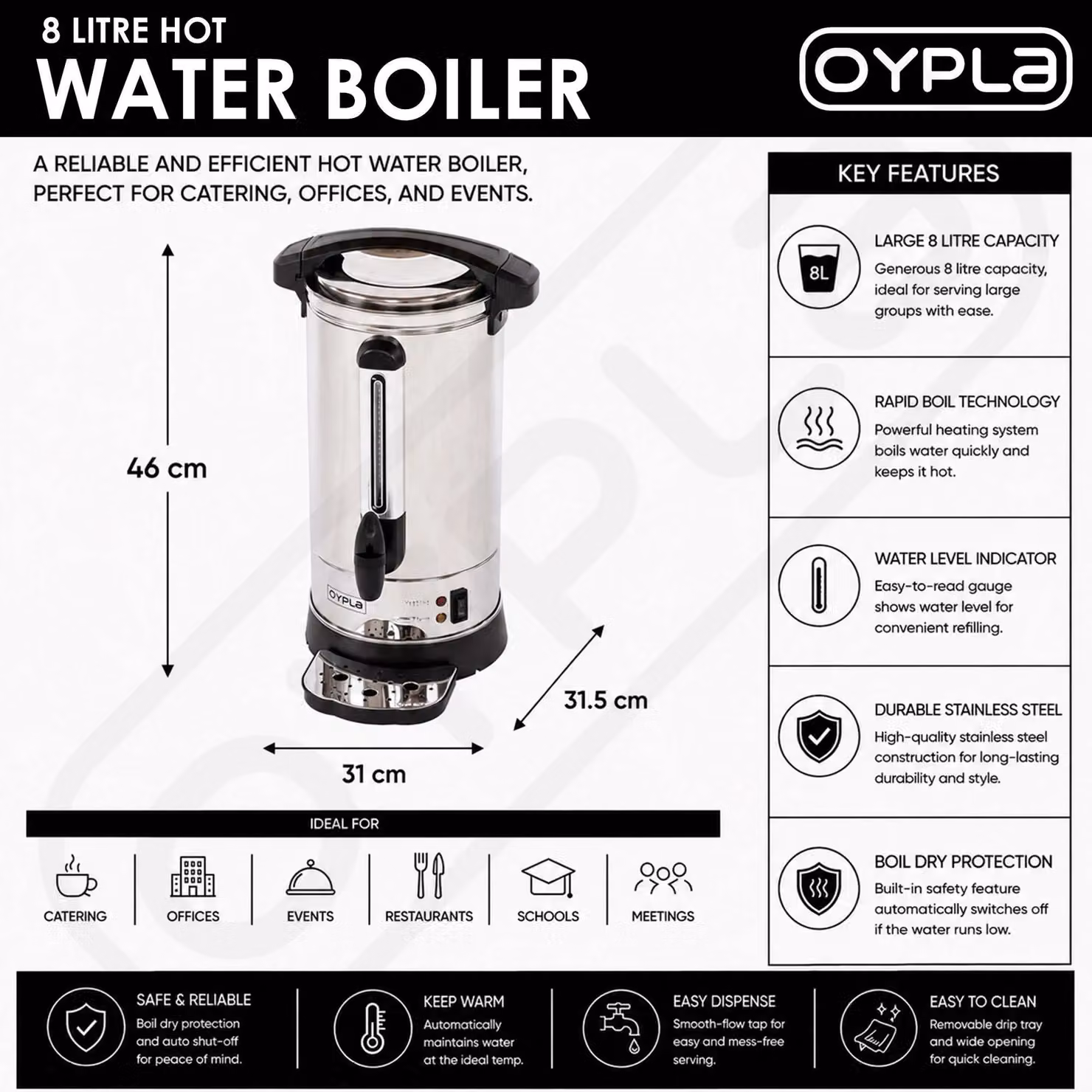 Oypla 8L Catering Hot Water Boiler Tea Urn in Silver Stainless Steel – 3