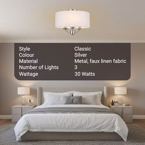Cosylyte Winston 3-Light Semi Flush Ceiling Light with Silver Base and Beige Fabric Drum Shade, E14 LED Compatible – 2