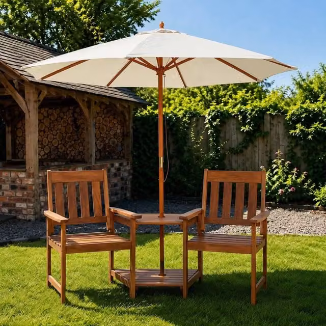 Samuel Alexander Rydal 2 Seater Wooden Love Seat and 2.7m Cream Parasol Set – 1
