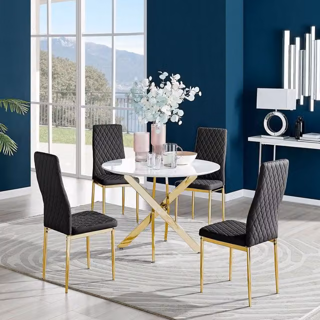 FurnitureboxUK Novara White Gloss Dining Table with 4 Milan Gold Leg Chairs in Black