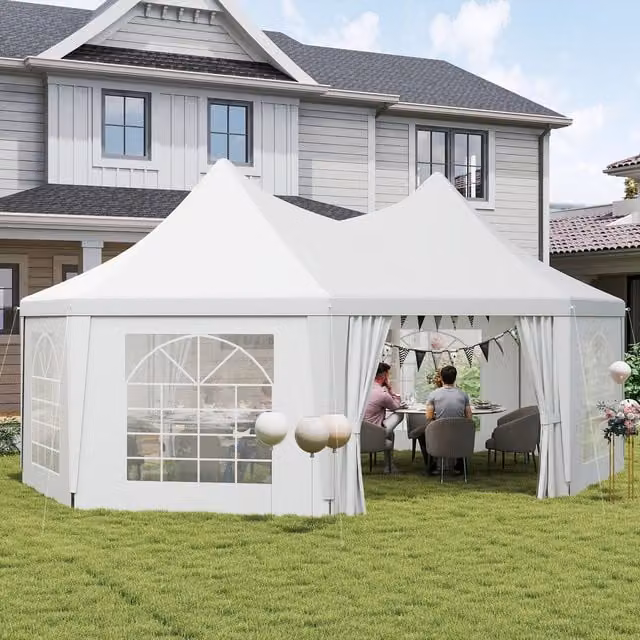 Outsunny Octagonal Party Tent Gazebo Wedding Marquee with Windows, White, Diameter: 360 cm